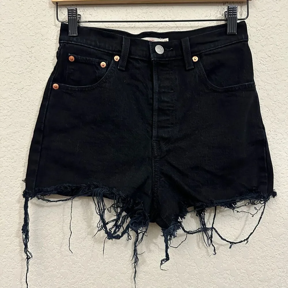 LEVI'S Ribcage Shorts Black Denim High Rise Cut Off Frayed Gothic